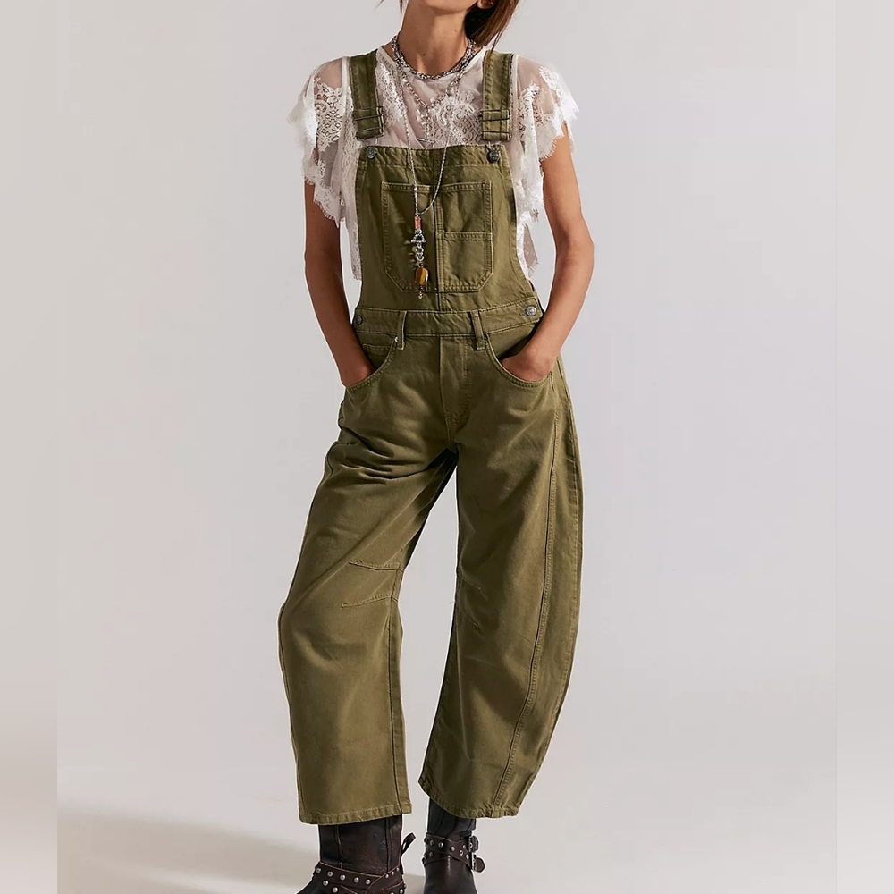 We The Free Olive Green Women's Good Luck Barrel Overalls Size Medium